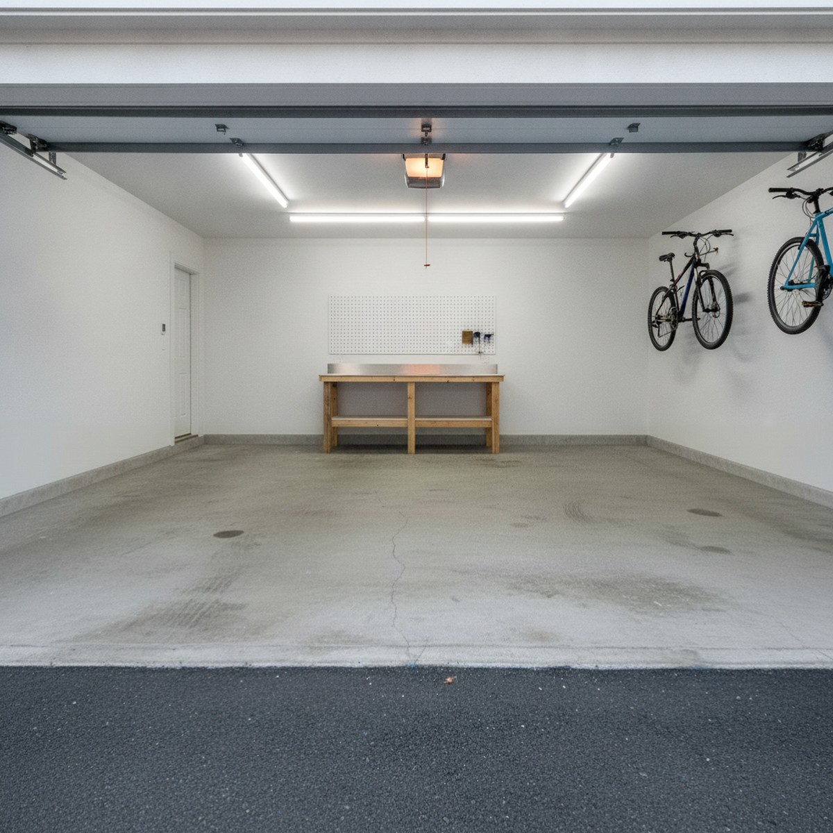 A worn, stained, bare concrete garage floor before an epoxy coating